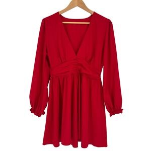 UMENLELE Red Long Sleeve Ruched V Neck Mini Dress Women's Size‎ Medium